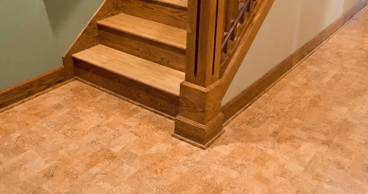 End of a staircase with cork flooring in Arvada, CO
