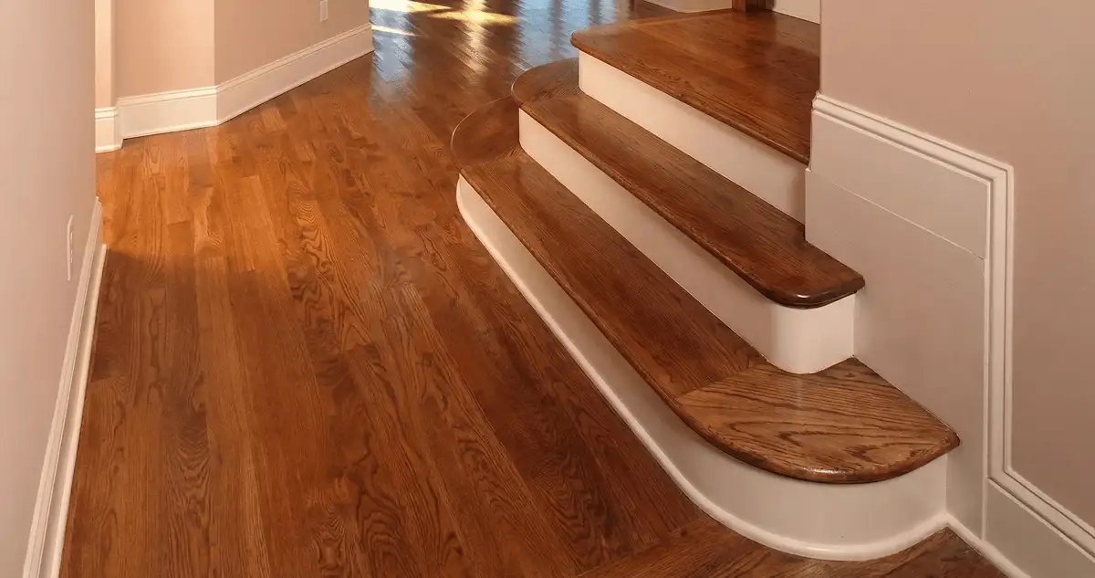 Base floor of a staircase with professionally restored wood flooring in Arvada CO