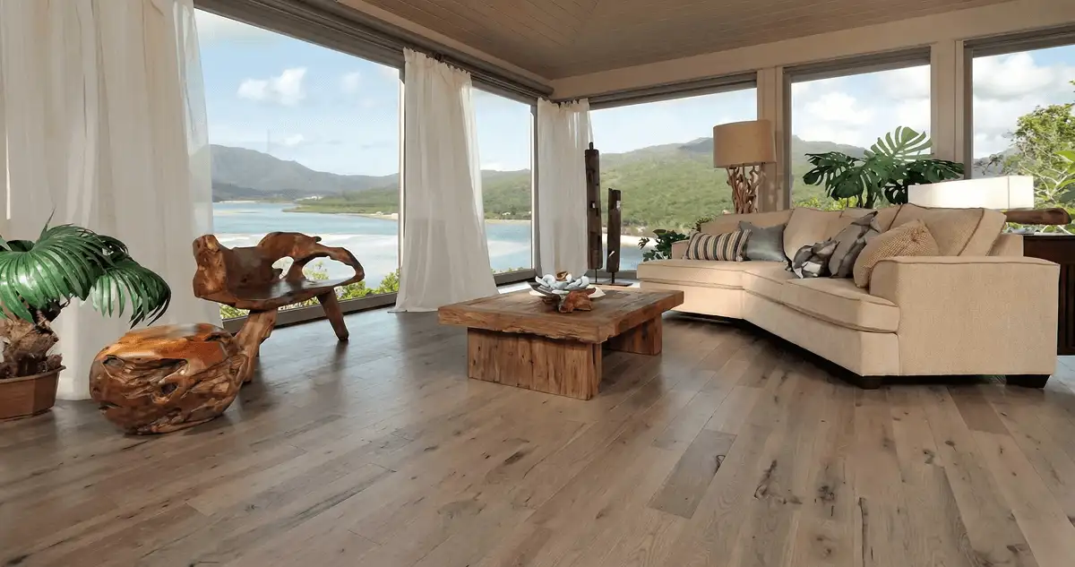 Professionally installed vinyl flooring in a modern living room with large windows in Arvada, CO
